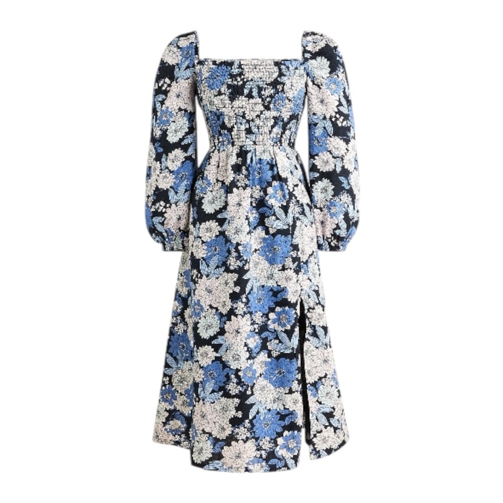 J. Crew Linen Daydream Zinnia Floral Smocked Midi Puff Sleeve Dress